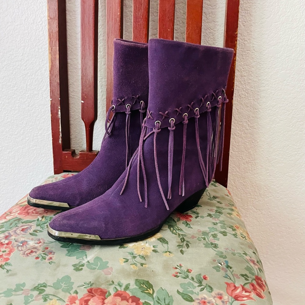 Vibrant Purple Suede Heeled Boots with Tassels
